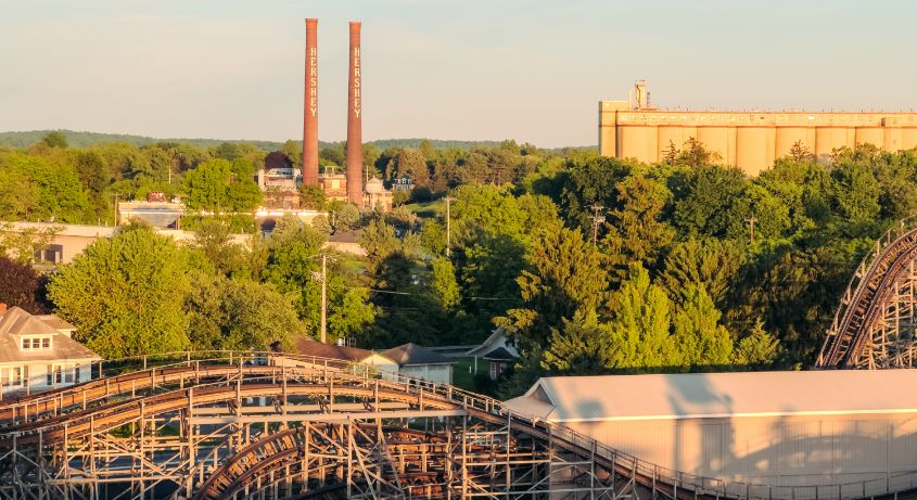 Aerial view of a roller coaster and two smokestacks that say Hershey