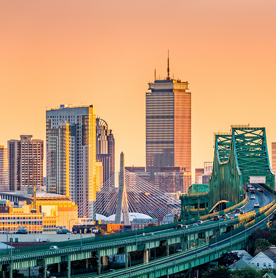Aerial view of a suspension bridge in a city